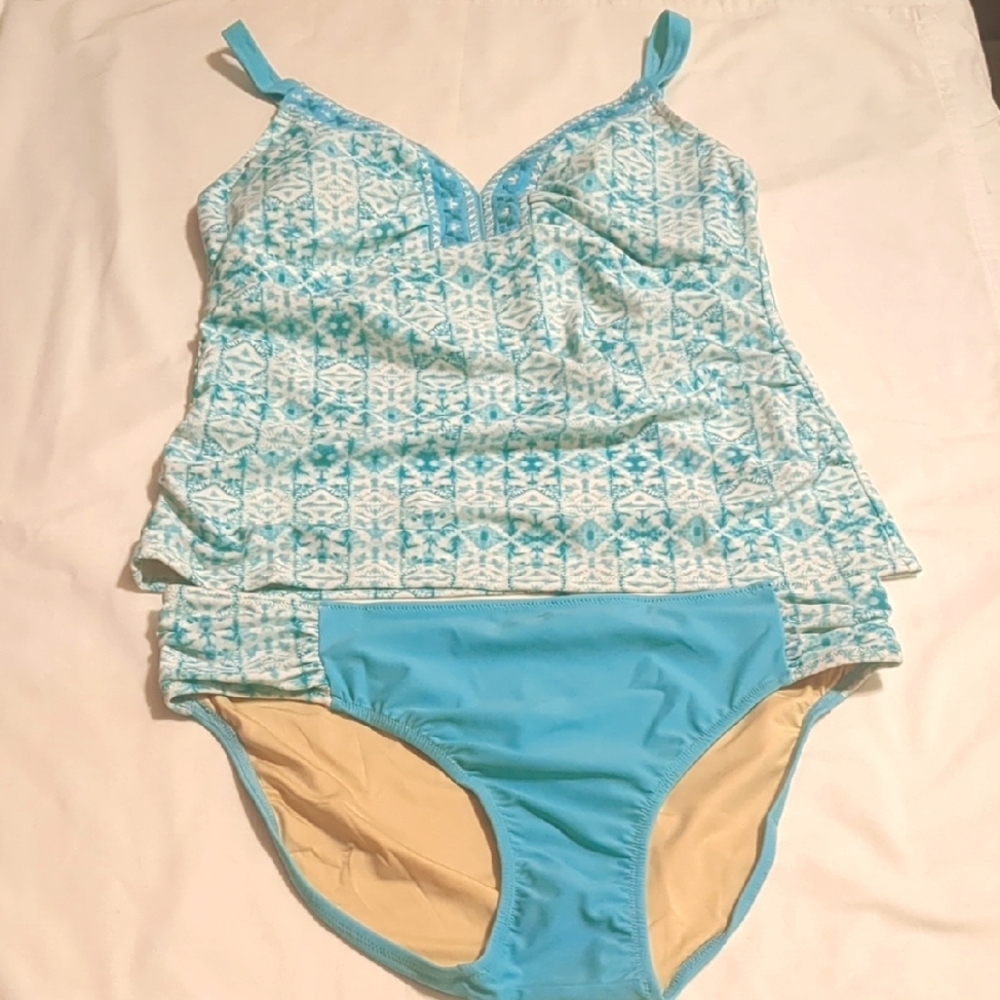 Cabana Life - 2pc Set-Tankini & Bikini Bottom Aqua/White UPF50+ Size L Maternity